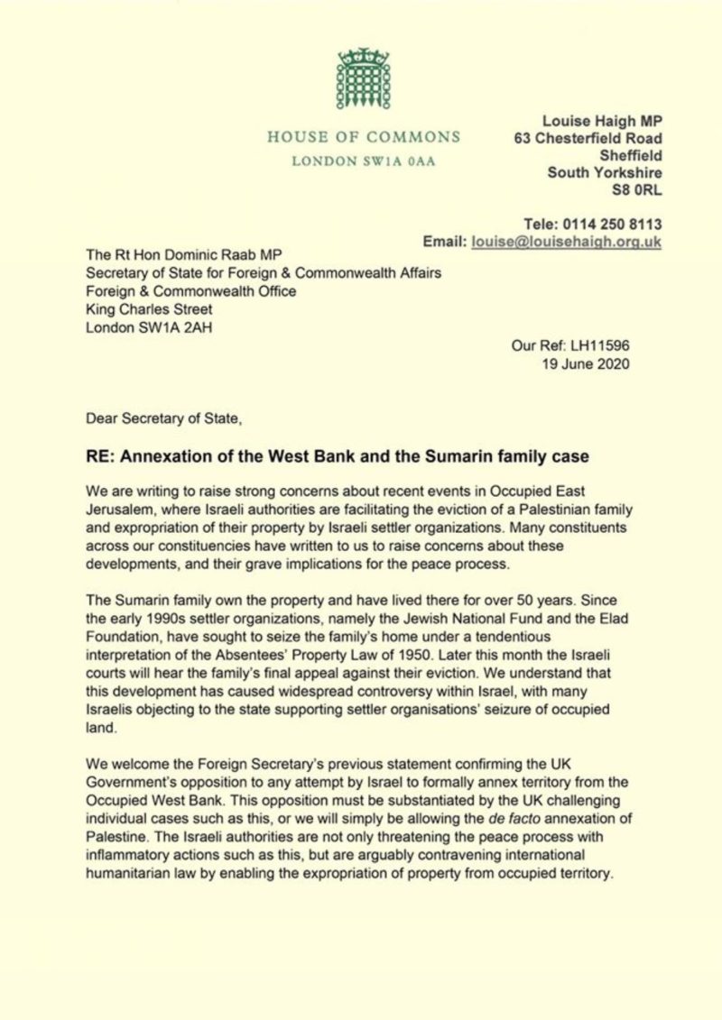 Our letter calls on the government to pro-actively oppose annexation of the West Bank.