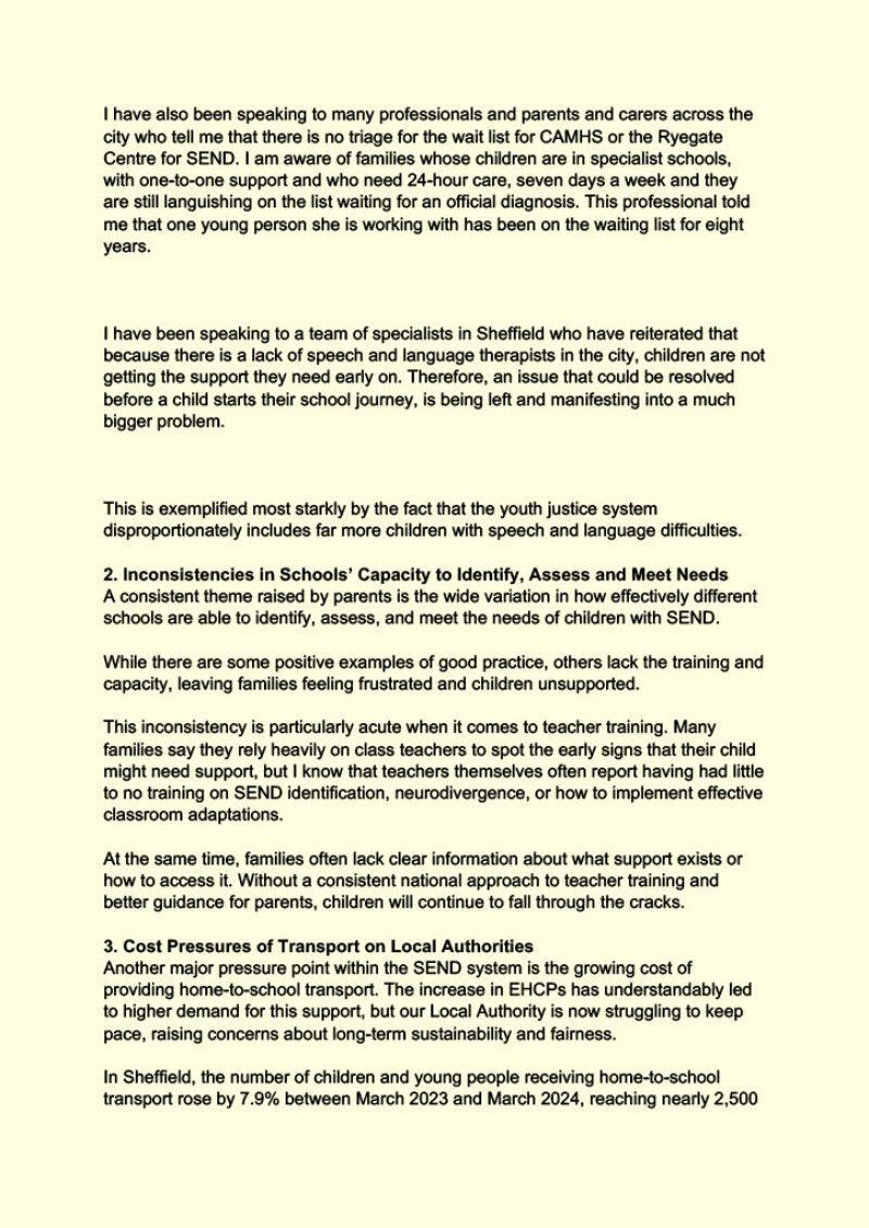 SEND Letter to Secretary of State for Education