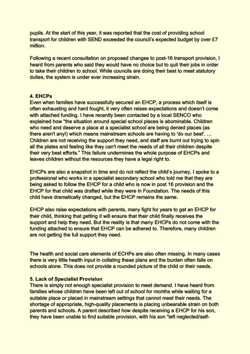 SEND Letter to Secretary of State for Education