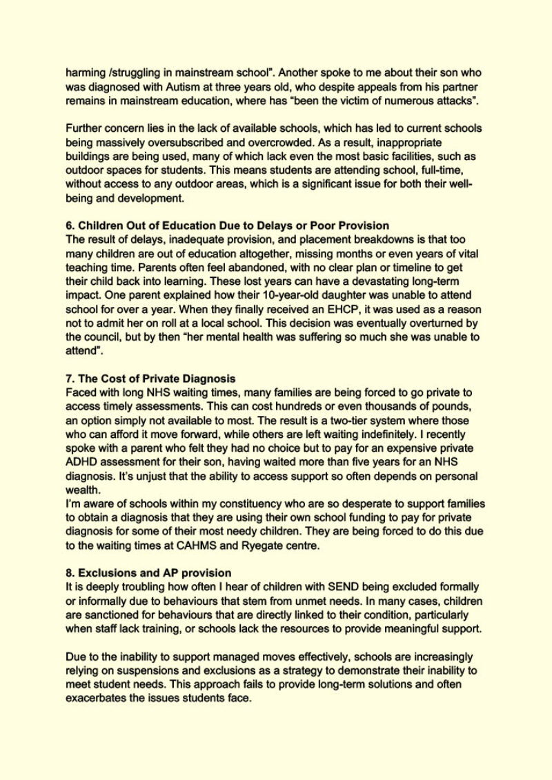 SEND Letter to Secretary of State for Education