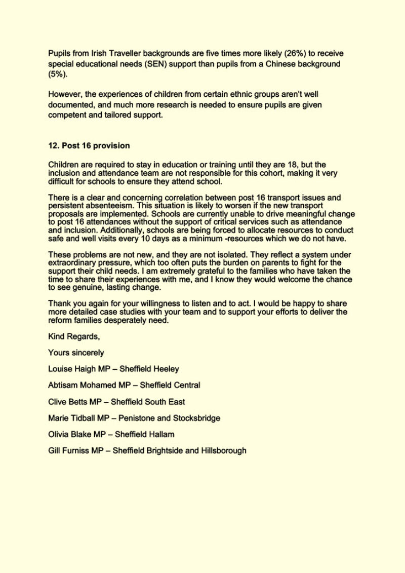 SEND Letter to Secretary of State for Education