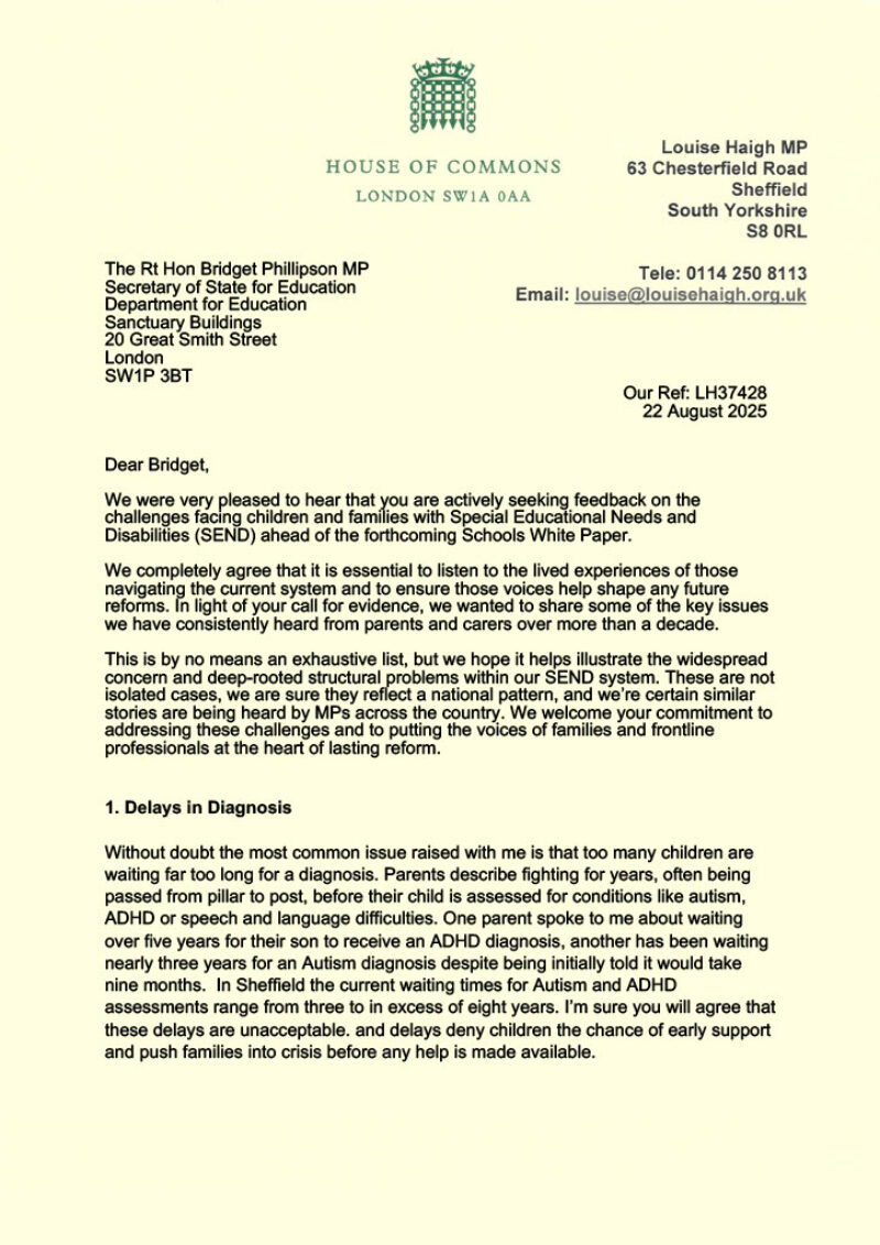 SEND Letter to Secretary of State for Education
